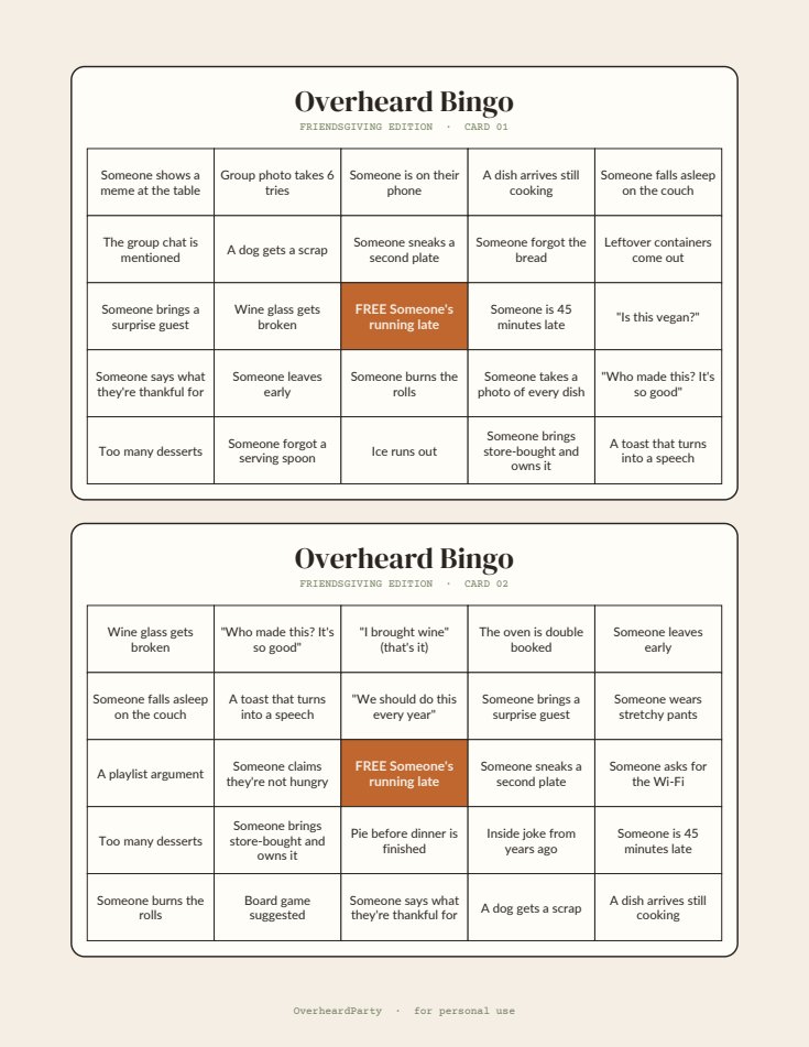 Two free printable Friendsgiving bingo cards